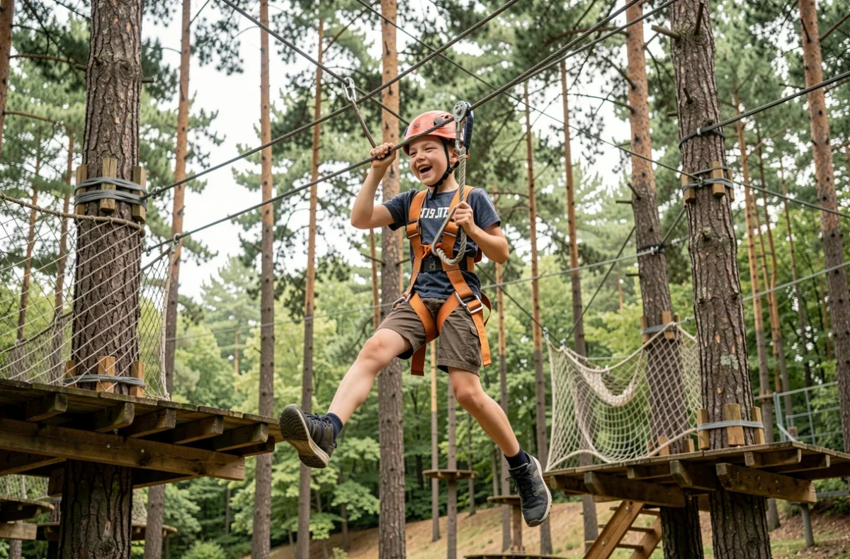 Enfant en baudrier sur une tyrolienne dans le parcours accrobranches d'AccroCamp Nantes au milieu des arbres