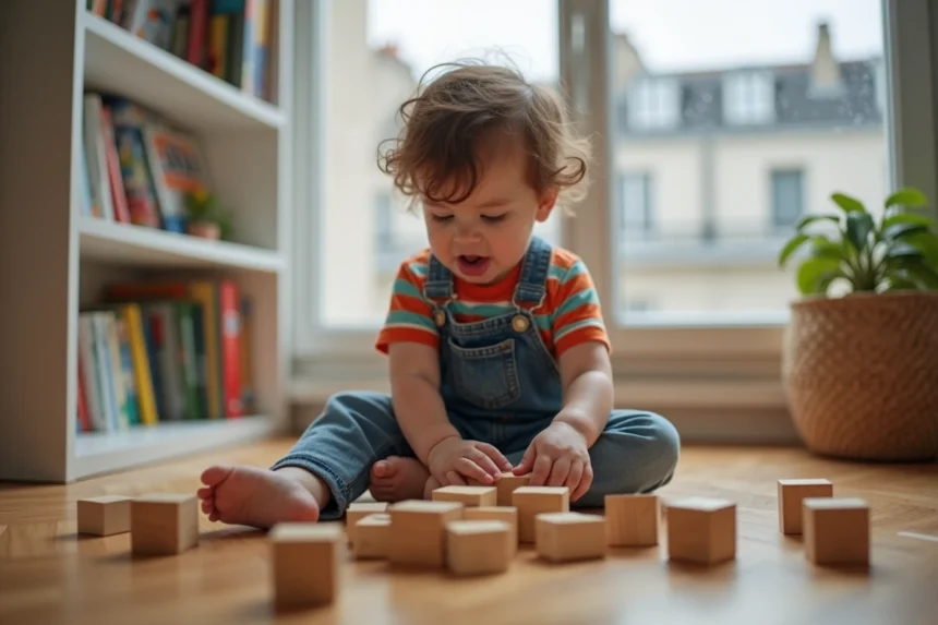 Enfant de 3 ans jouant avec des blocs en bois sur le parquet d'un appartement parisien un jour de pluie