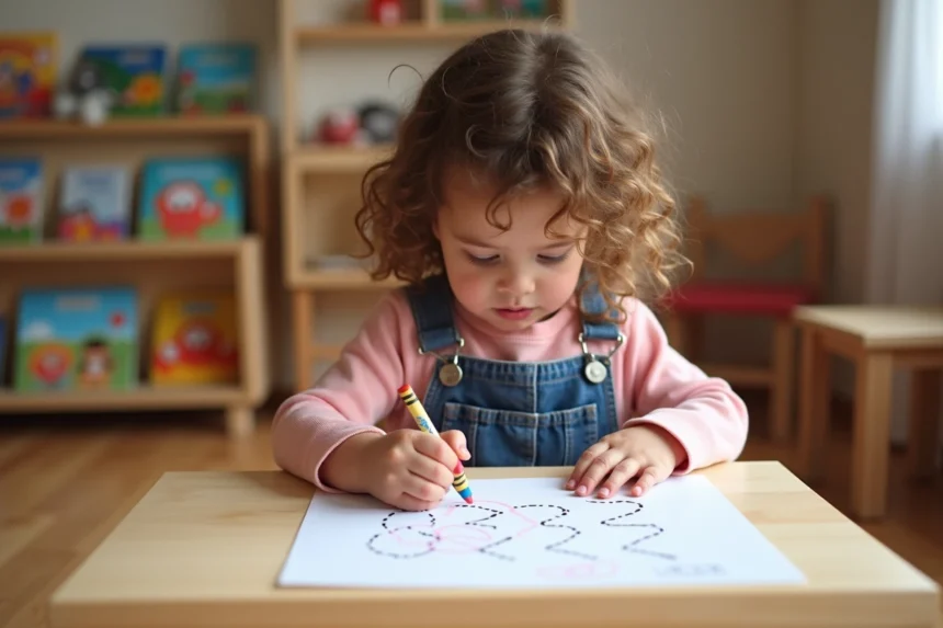 Petite fille de 2-3 ans qui trace des lignes sur une fiche de motricité fine à imprimer, assise à une table en bois dans une salle de jeux à la maison