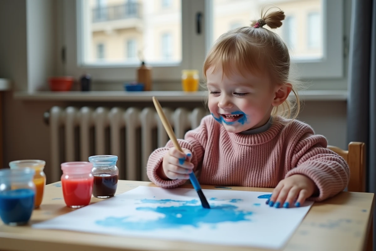 Petit enfant de 3 ans faisant de la peinture sur table dans un intérieur parisien pendant la pluie
