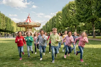 Des enfants souriants courant dans un parc de loisirs en Île-de-France lors d'une journée ensoleillée