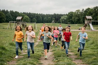 Groupe d'enfants jouant dans un grand parc verdoyant en Loire-Atlantique, symbole des meilleures activités pour enfants de la région