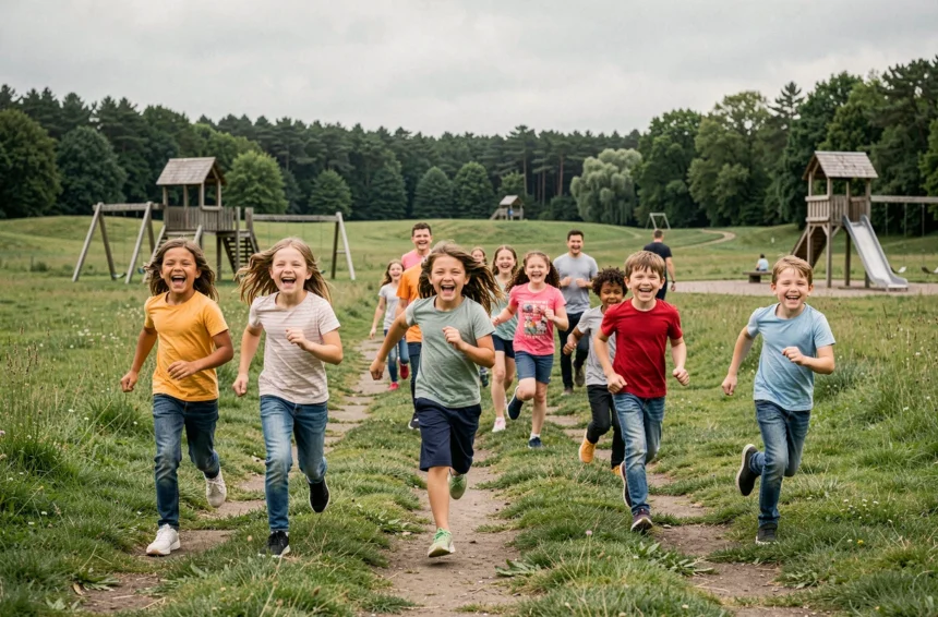 Groupe d'enfants jouant dans un grand parc verdoyant en Loire-Atlantique, symbole des meilleures activités pour enfants de la région