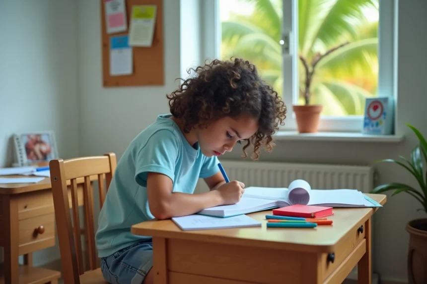 Adolescente de La Réunion qui révise ses cours sur un bureau en bois pendant les vacances scolaires 2026