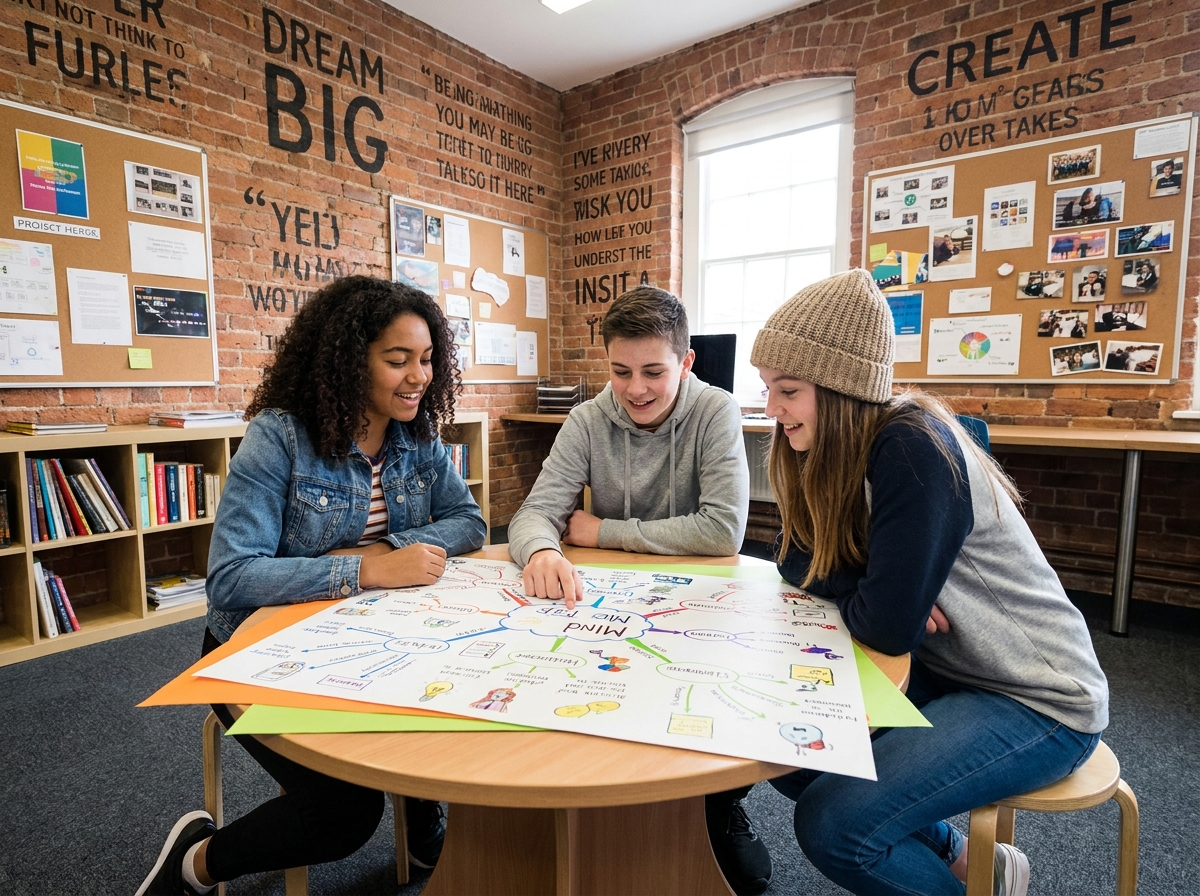 Groupe d'adolescents collaborant sur un projet pédagogique dans un espace d'apprentissage créatif