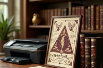 Affiche Harry Potter imprimée sur papier A4 posée sur un bureau en bois avec une imprimante vintage en arrière-plan