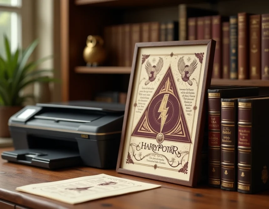 Affiche Harry Potter imprimée sur papier A4 posée sur un bureau en bois avec une imprimante vintage en arrière-plan