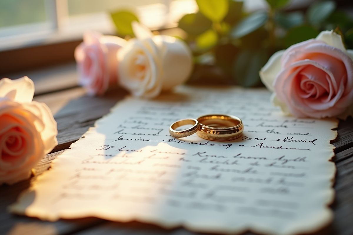 Alliances sur lettre entourée de roses blanches et roses