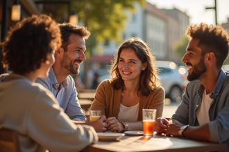 Groupe d'amis riant au café en plein air ensoleillé