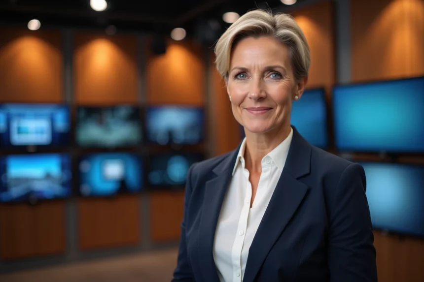 Femme animatrice de télévision souriante dans un studio moderne aux tons chauds