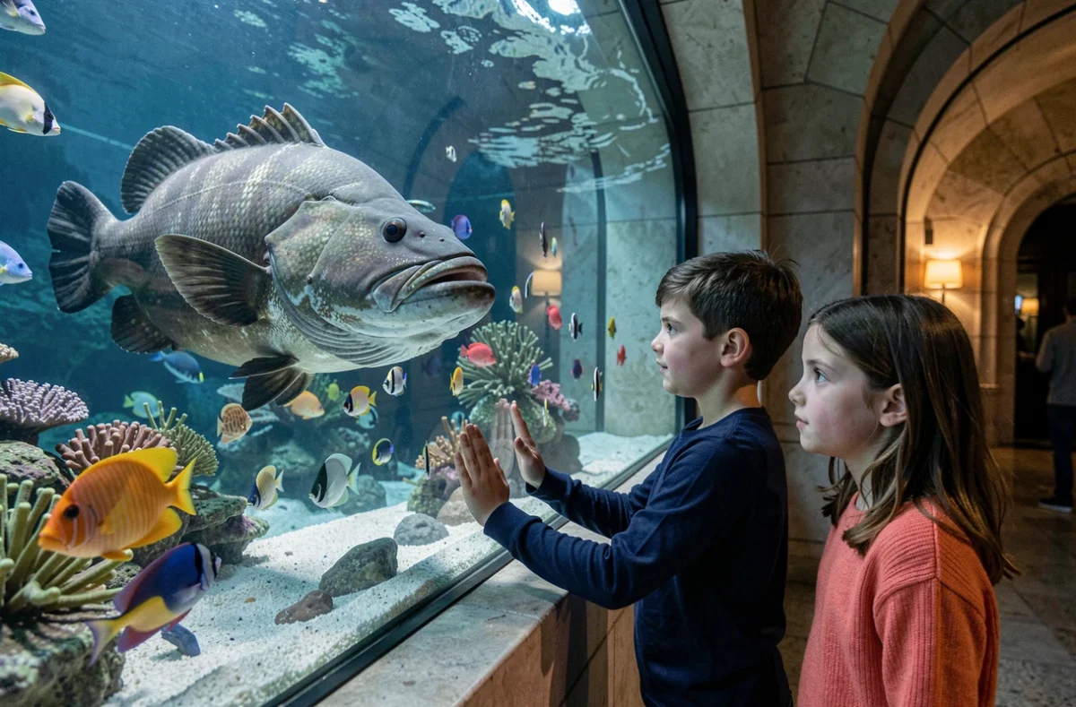 Deux enfants fascinés par les poissons tropicaux dans un grand aquarium à l'Aquarium de Paris