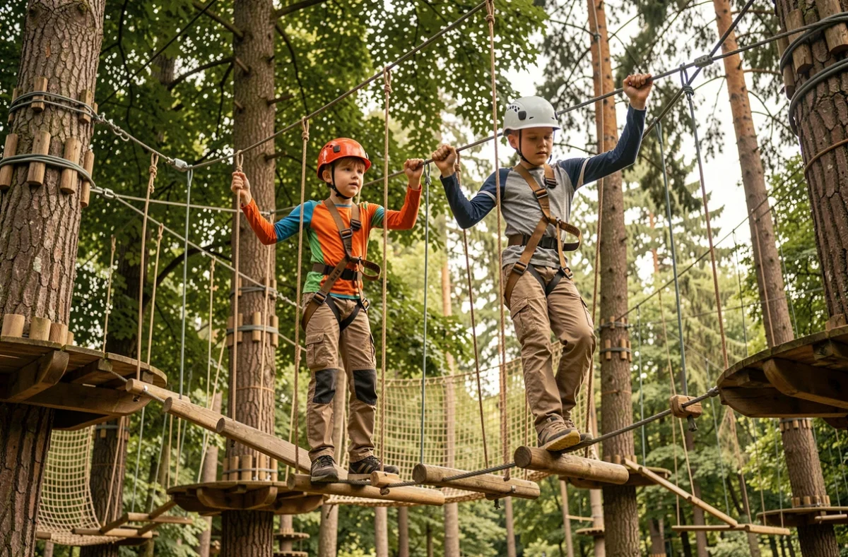 Deux garçons en parcours accrobranche sécurisé dans les arbres à Aventure Land
