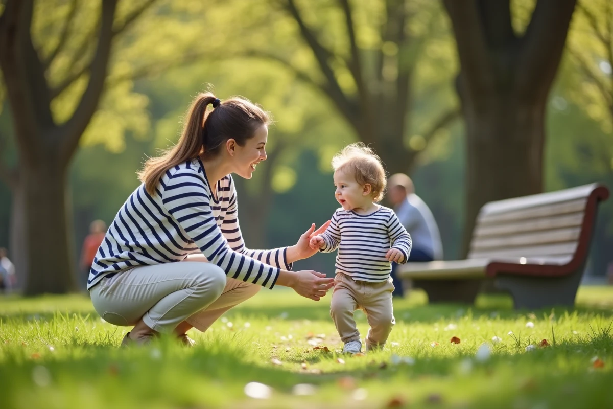 Baby-sitter aidant un enfant à marcher dans un parc urbain ensoleillé