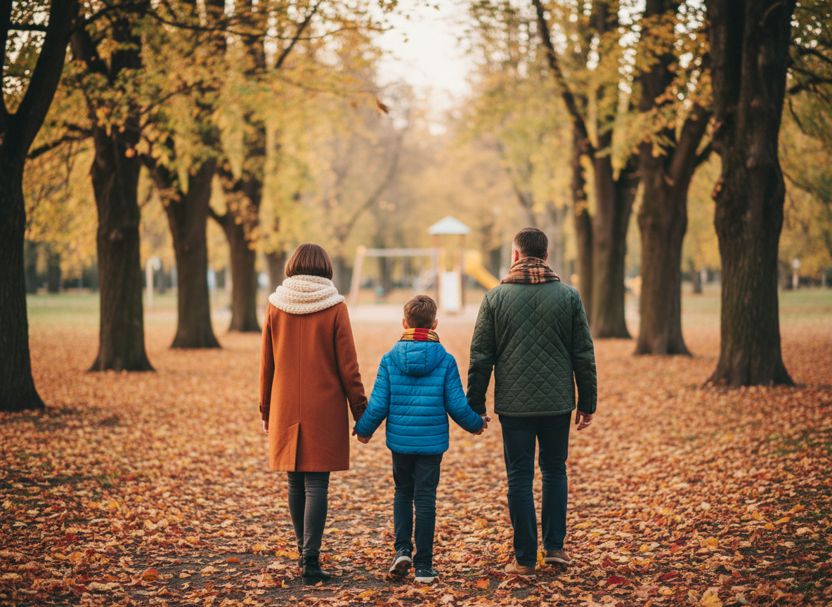 Enfant et parents marchant dans un parc automnal