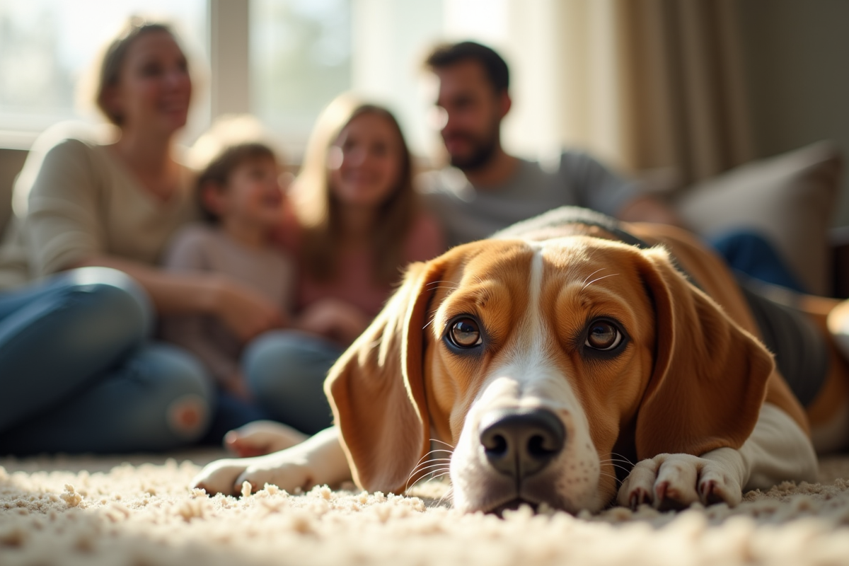 Beagle limone repose sur un tapis avec famille souriante en interieur