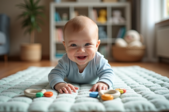 Bébé garçon de 4 mois sur un tapis de jeu avec hochet