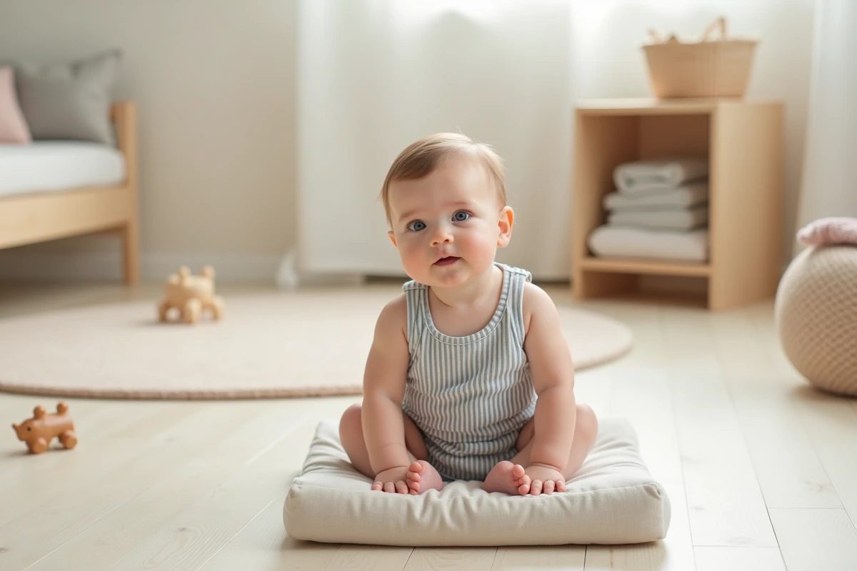 Bébé de six mois en position assise soutenue sur un coussin ferme, illustrant une posture adaptée pour limiter les tensions cervicales et lombaires chez le nourrisson