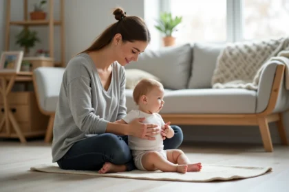 Mère soutenant son bébé de cinq mois en position assise sur un tapis de jeu, illustrant la bonne posture pour éviter les tensions dorsales chez le nourrisson