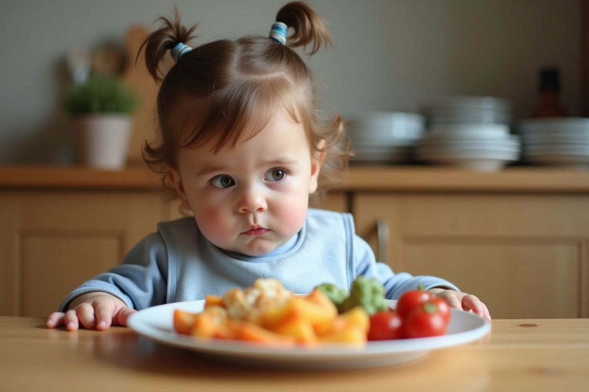 Bebe curieuse assise à la table cuisine familiale