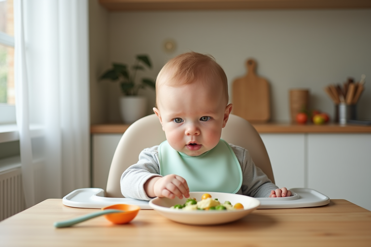 Bébé de 6 mois dans une chaise haute en cuisine