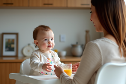Bebe fille de 4 mois dans une chaise haute en cuisine