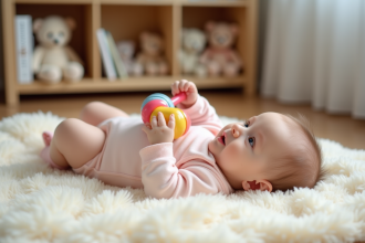 Bébé fille de quatre mois avec tétine pastel dans un lit