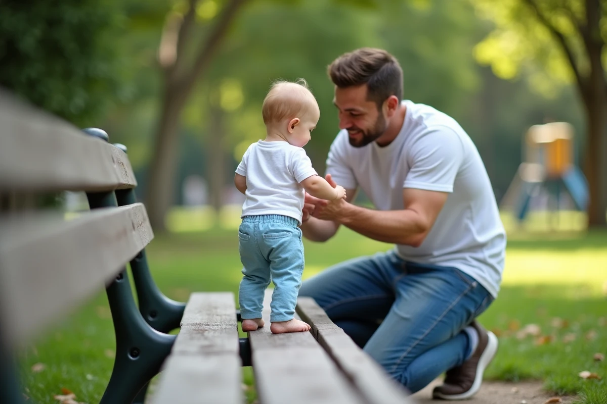 Bebe garçon de 13 mois pratique la marche avec son père dans un parc
