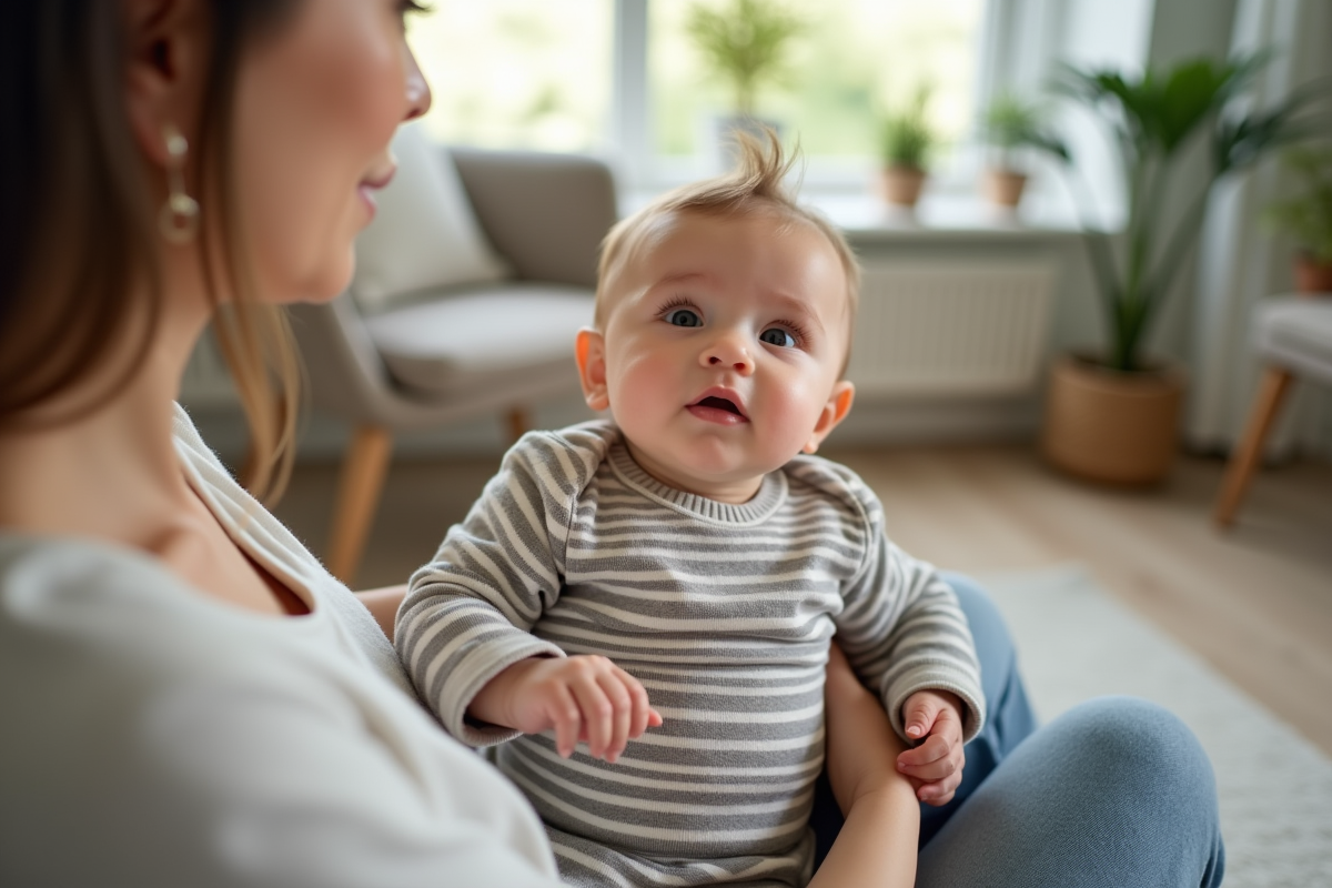 Bébé garçon souriant sur les genoux de sa mère dans le salon