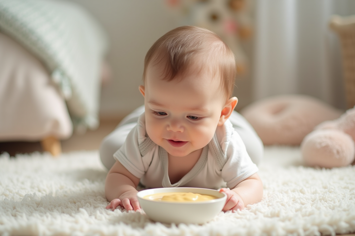 Bebe de 4 mois jouant sur un tapis d