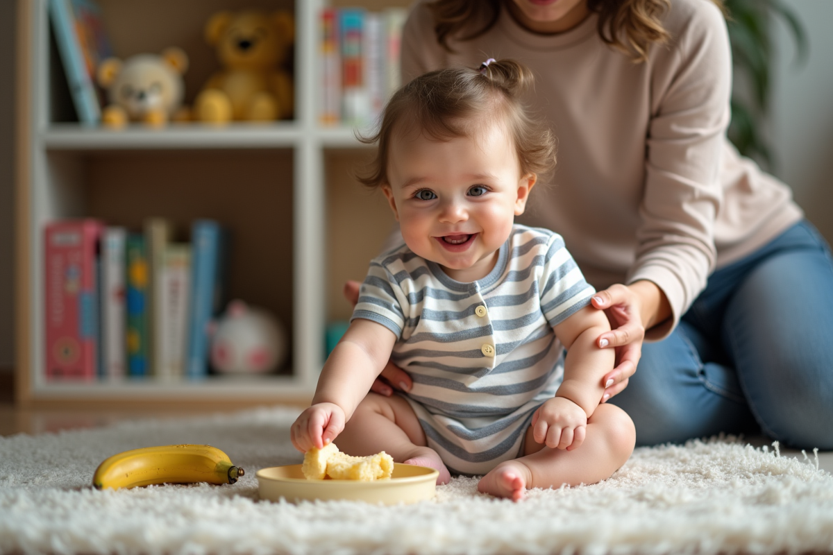 Bébé de 7 mois joue avec sa maman dans la nurserie