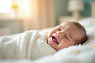 Bébé nouveau-né souriant dans un lit lumineux