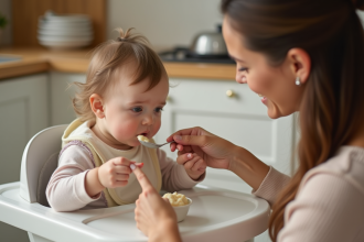 Bebe de 4 mois mangeant en cuisine chaleureuse
