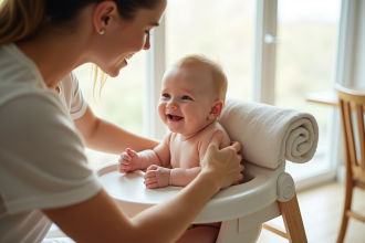 Bébé de 4 mois souriant dans une chaise haute moderne