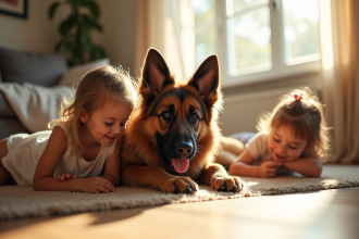 Chien berger allemand à poil long jouant avec des enfants dans un salon lumineux