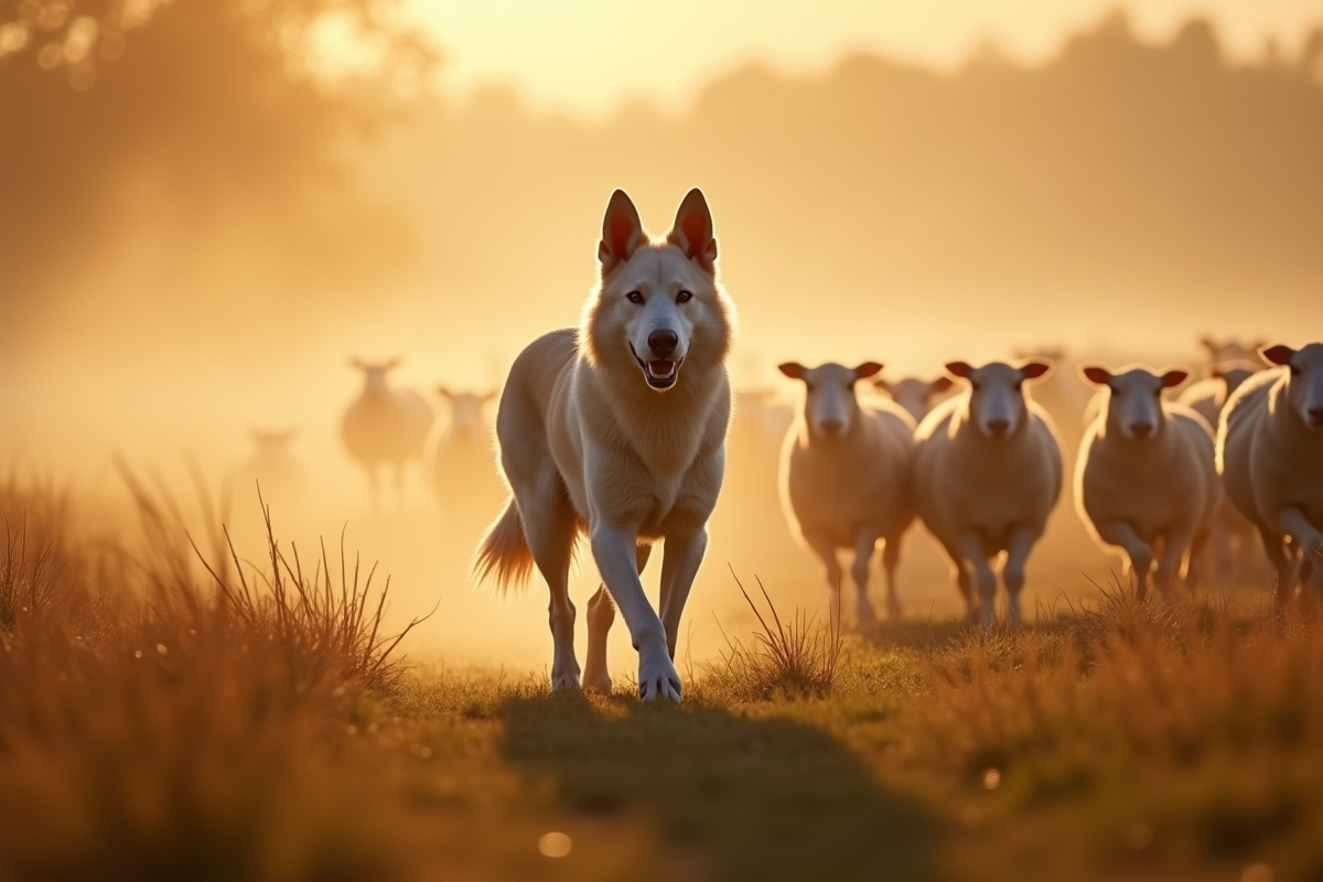 Berger belge White Shepherd guidant des moutons au matin