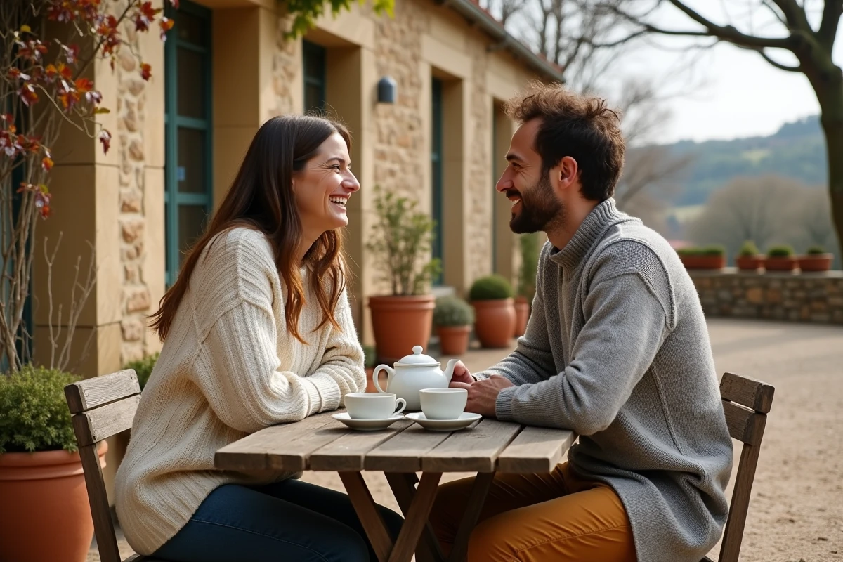 Deux amis attablés en terrasse d'un café rural en pierre dans le Parc du Gâtinais, savourant un thé lors d'un week-end de déconnexion près de Paris en Île-de-France