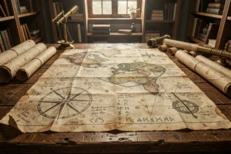 Carte nautique ancienne avec symboles mystérieux et annotations manuscrites évoquant les secrets de Raftel et du One Piece
