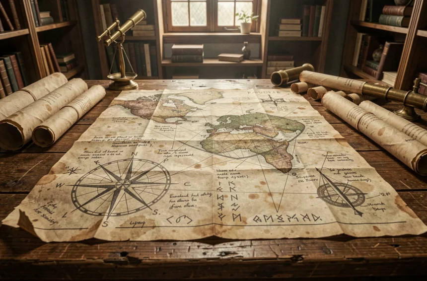 Carte nautique ancienne avec symboles mystérieux et annotations manuscrites évoquant les secrets de Raftel et du One Piece