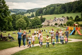 Familles et enfants profitant d'un parc de loisirs en Bourgogne-Franche-Comté, entouré de forêts et de collines verdoyantes