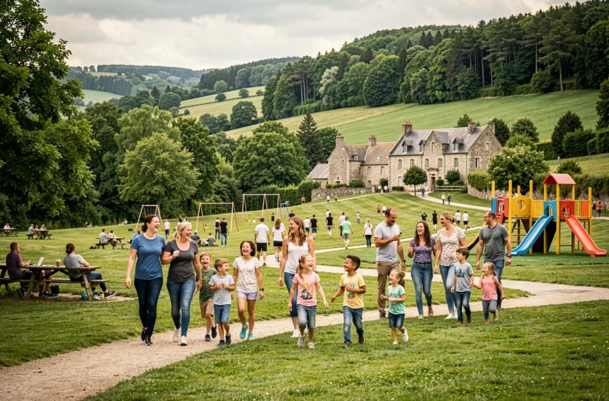Familles et enfants profitant d'un parc de loisirs en Bourgogne-Franche-Comté, entouré de forêts et de collines verdoyantes