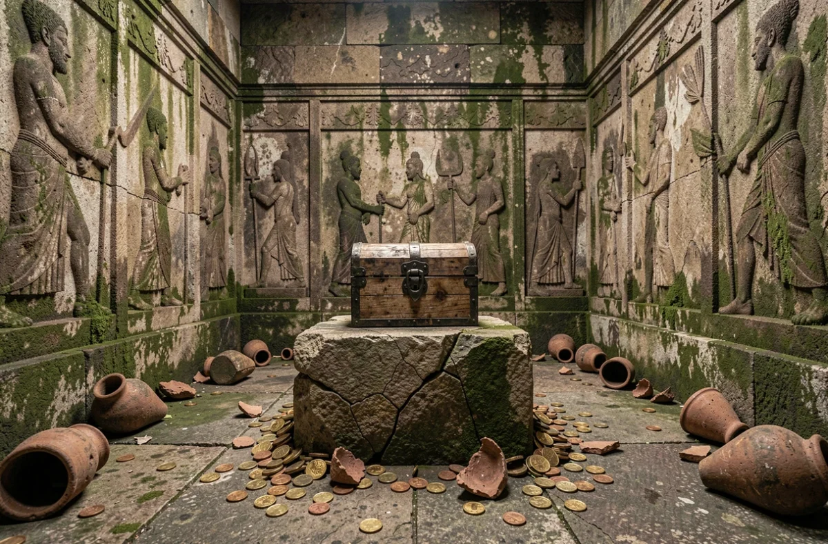Chambre secrète en pierre avec coffre ancien et reliefs gravés symbolisant la découverte du trésor légendaire Joy Boy