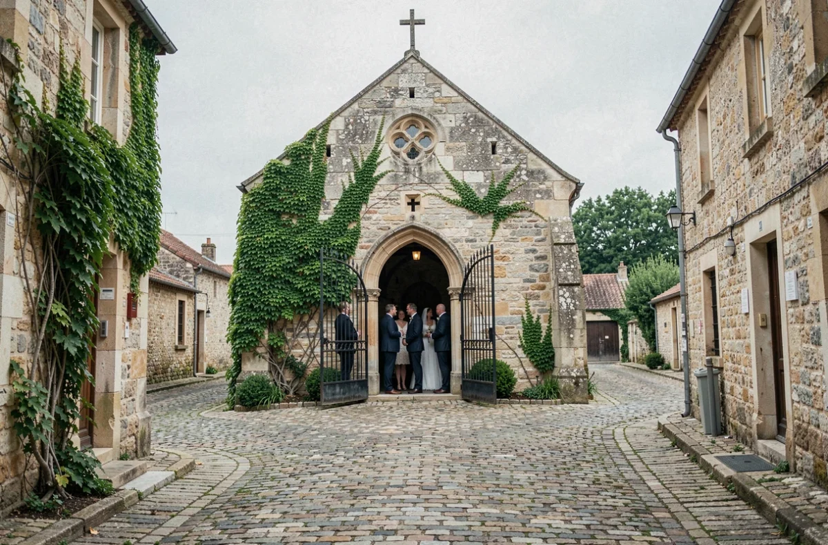 Petite chapelle en pierre dans un village français avec des invités en tenue formelle lors d'un mariage privé
