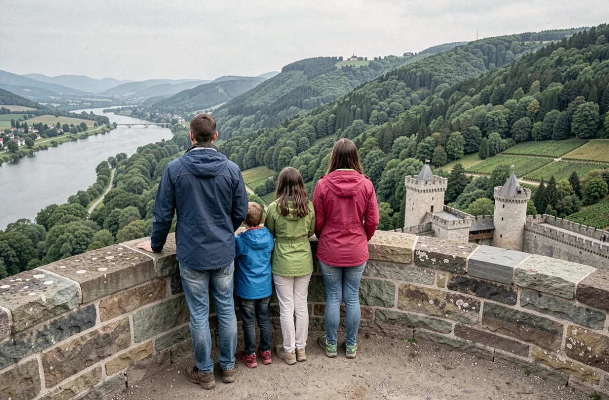 Famille admirant la vue panoramique sur la plaine d'Alsace depuis les remparts du Château du Haut-Koenigsbourg