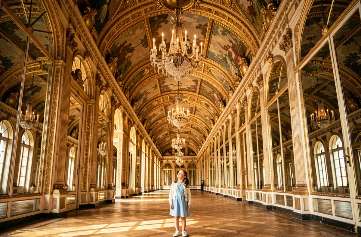 Une jeune fille émerveillée dans la Galerie des Glaces du Château de Versailles
