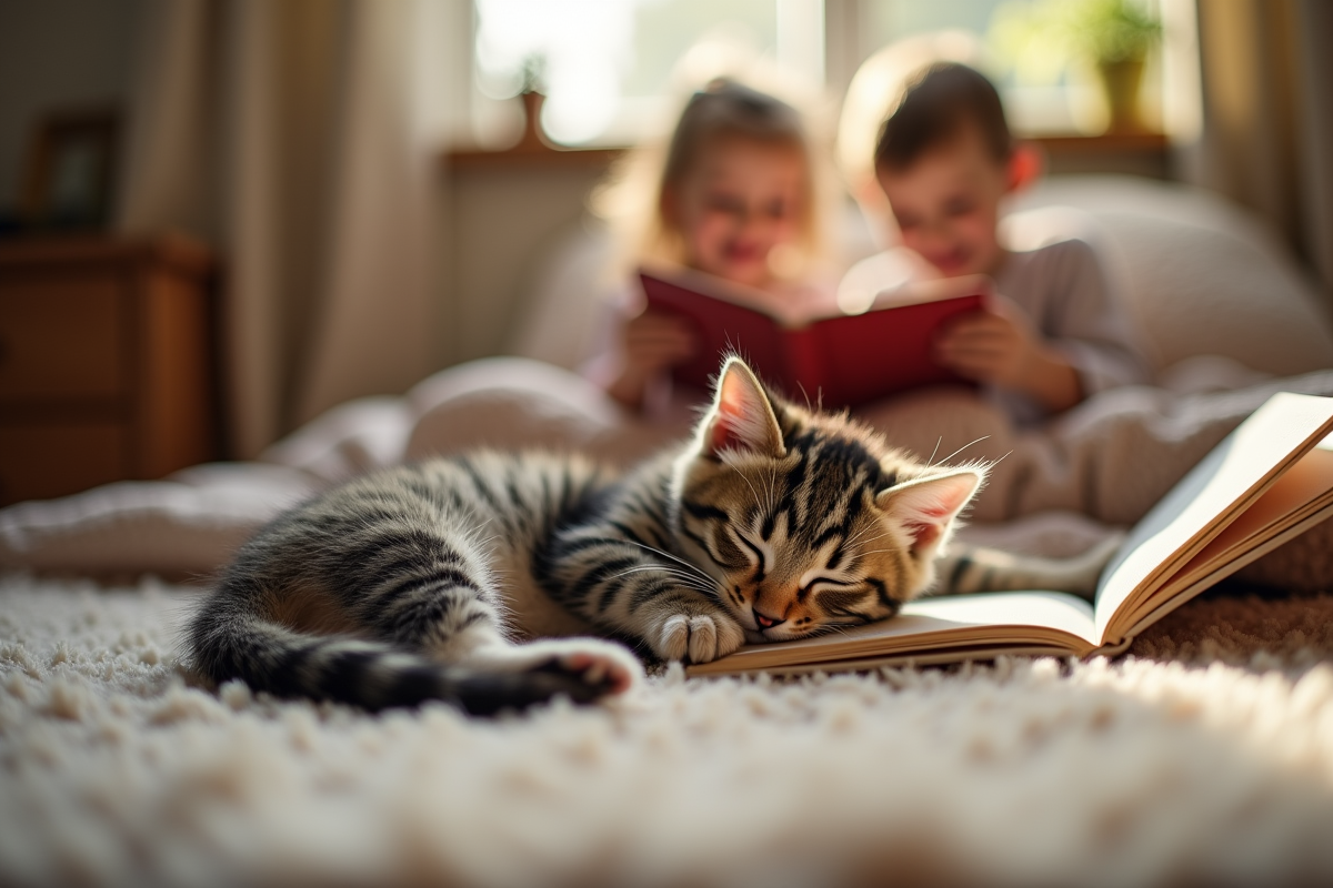 Chaton British Shorthair dormant sur un tapis avec enfants lisant