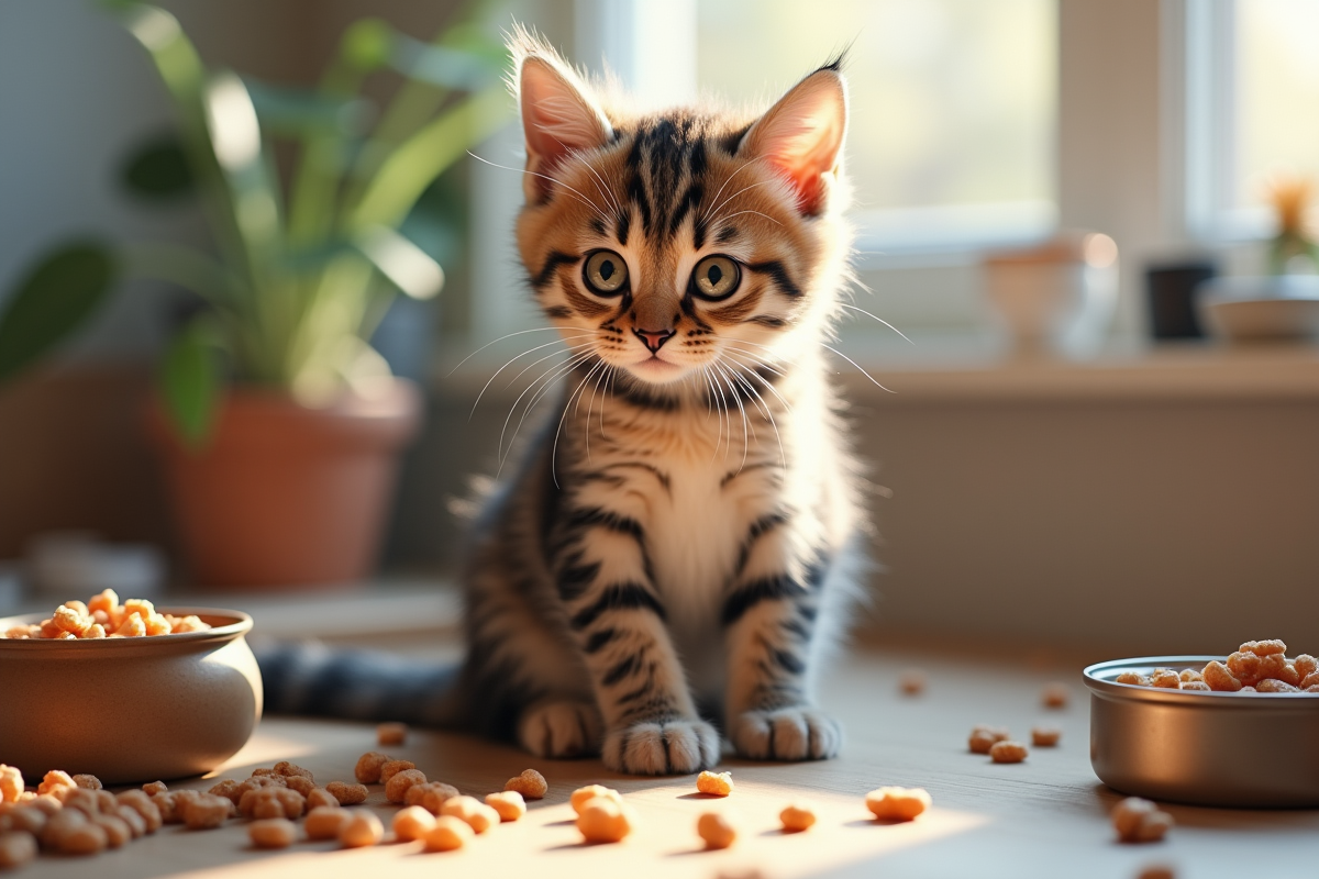 Chaton tigré assis sur le comptoir avec nourriture pour chatons