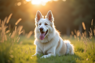 Chien belge White Shepherd avec famille dans un champ ensoleille