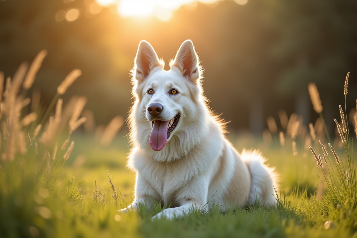 Chien belge White Shepherd avec famille dans un champ ensoleille