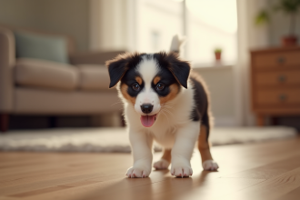 Chiot Australian Shepherd explorant un salon cosy