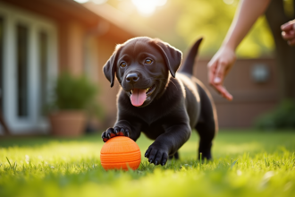 Chiot cane corso noir jouant avec une balle orange dans le jardin